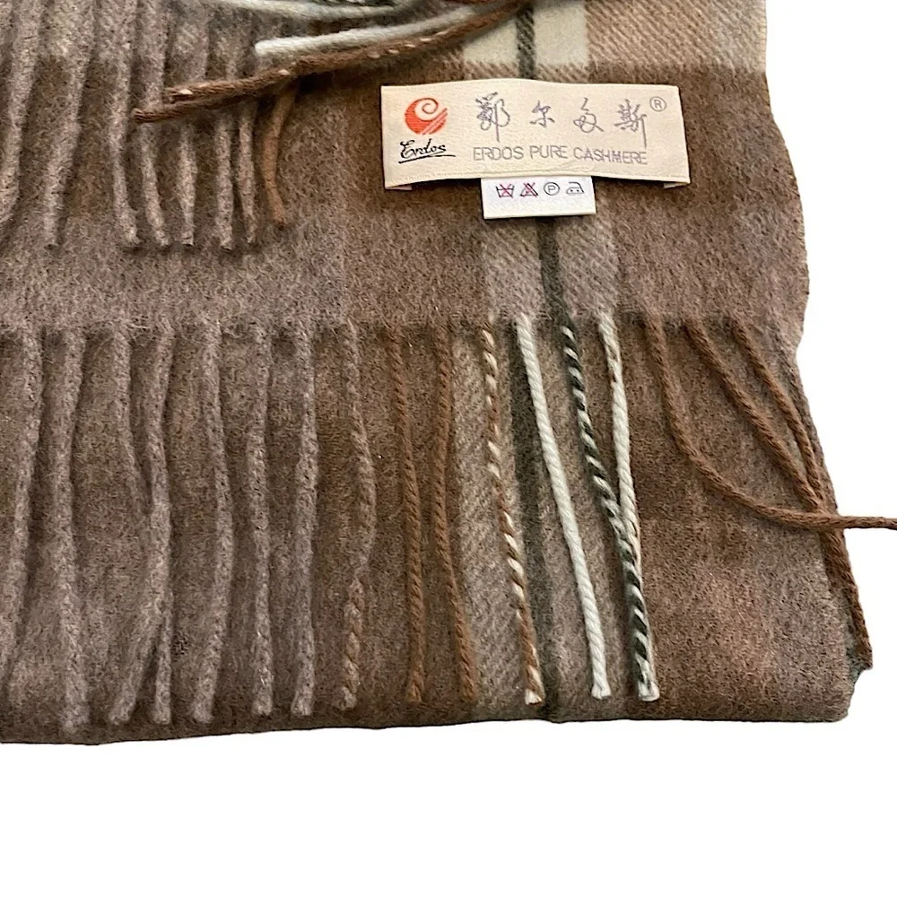 Erdos Pure Cashmere Light Brow Plaid Men's Scarf With Fringe 12